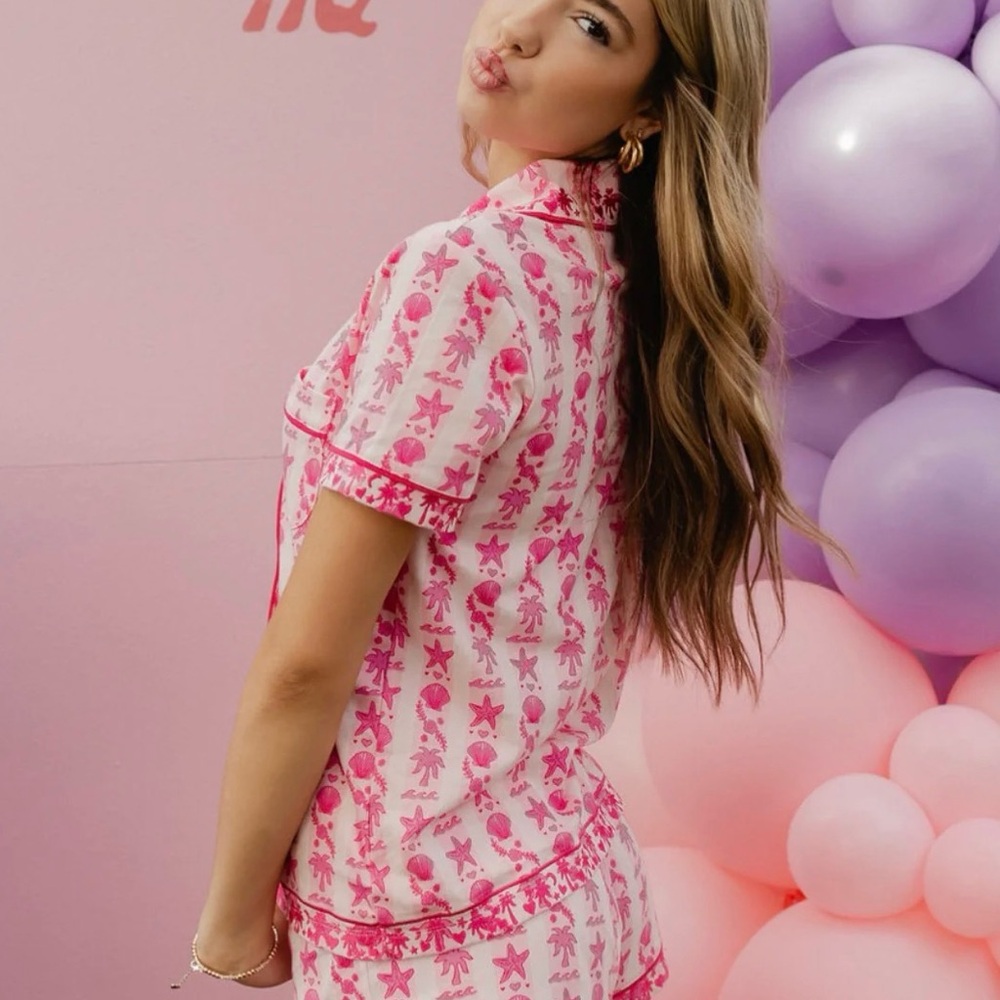 Pink Palm Puff  Pajamas in Blush Bay